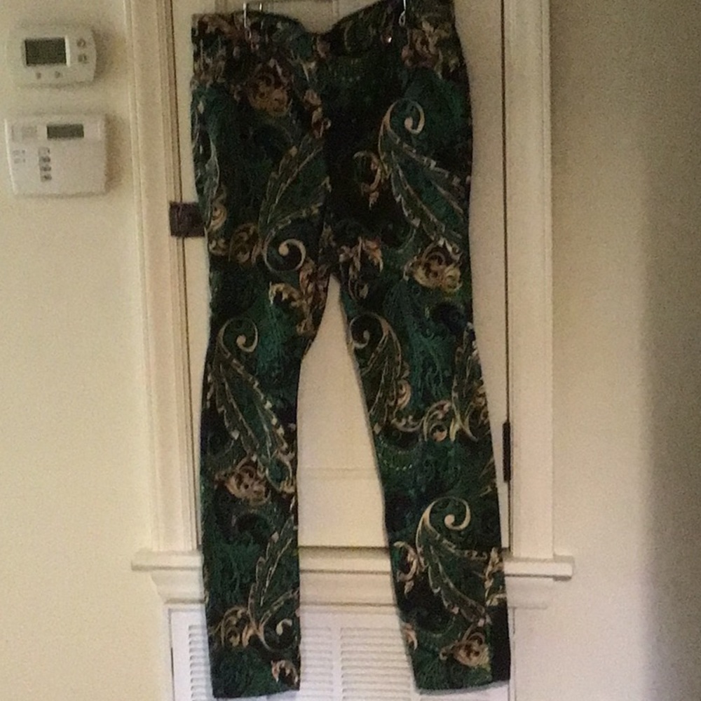 Chico’s jean jeggings size 2.5 green paisley with Black and Tan print
